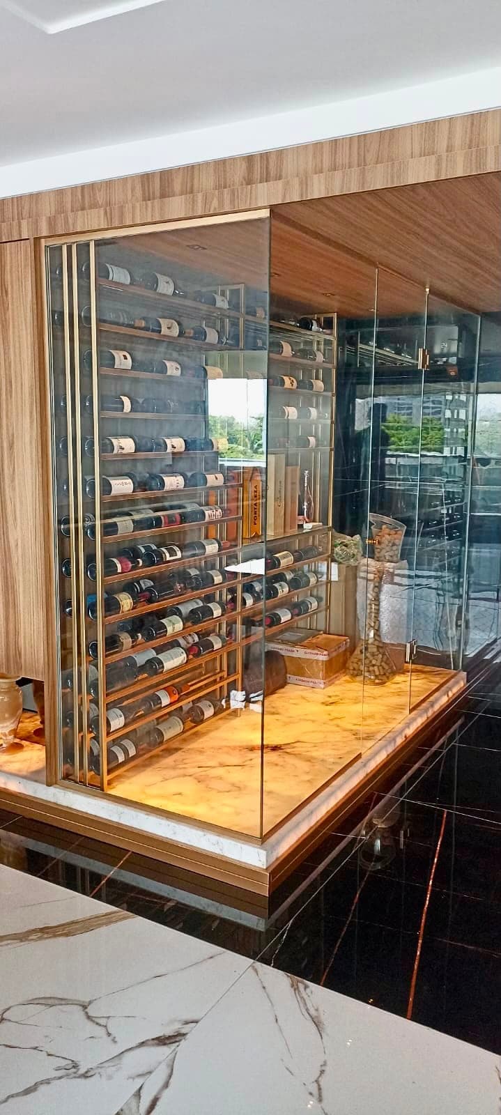 Adega de vinhos em vidro e estrutura de bronze